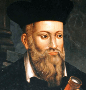 Nostradamus con cara de haber probado su "pasta blanqueante" y pensando que mejor seguía con sus predicciones.